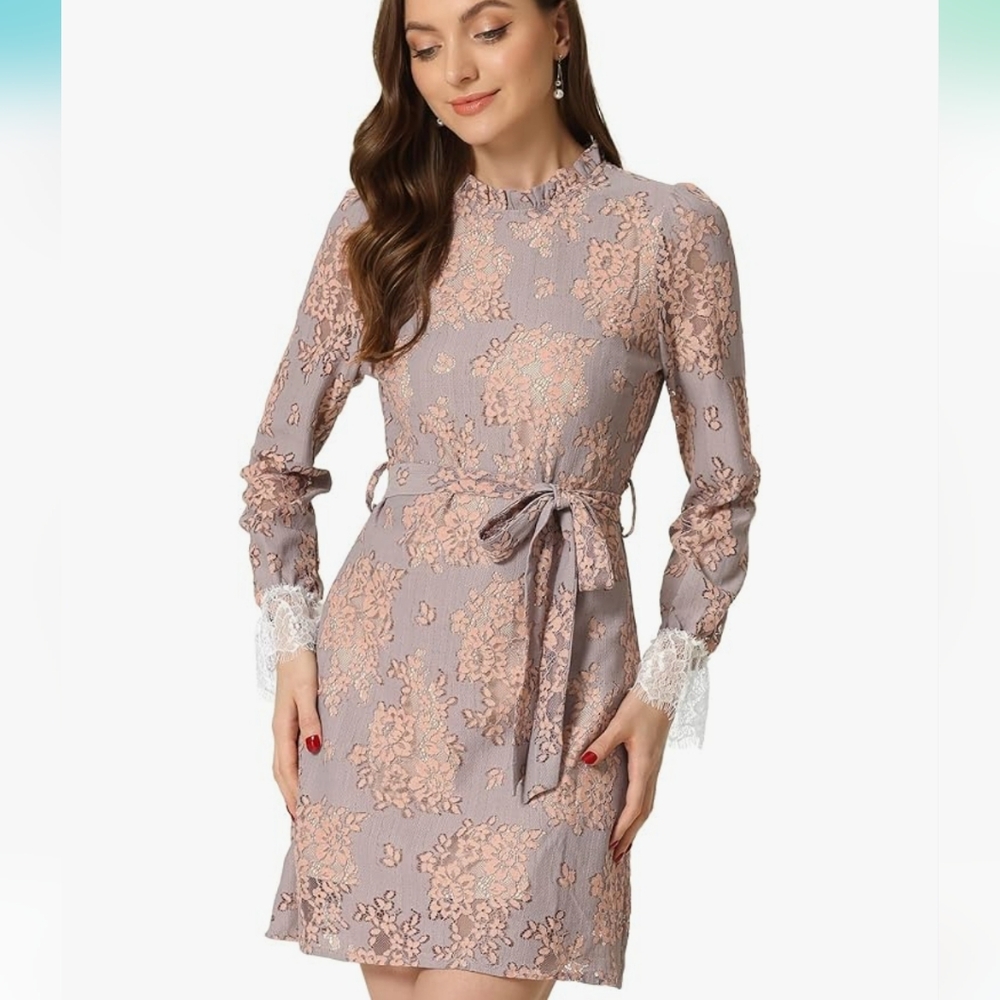 Allegra K Women's Floral Lace Long Sleeve Dress - Pink and Gray